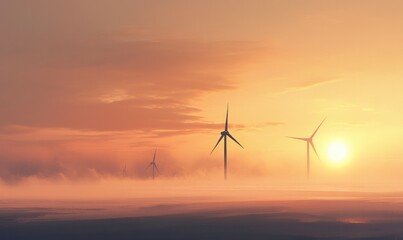 Wind Power. Offshore Wind Turbines on a Hazy Morning. Environmental Energy Concept.