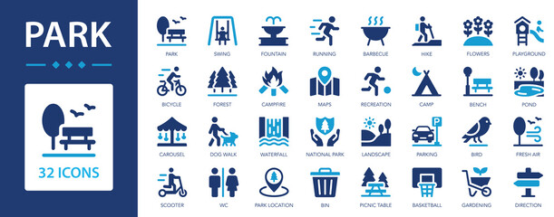 Park flat icons set. Picnic, running, barbecue, swing, camp.