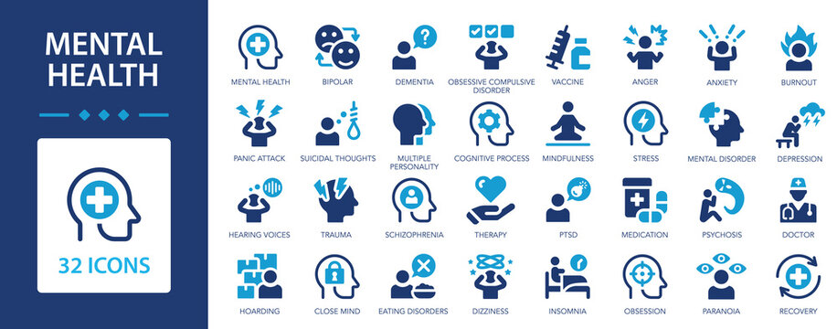 Mental health flat icons set. Loneliness, campaign, helpline, bipolar, mental care, panic.