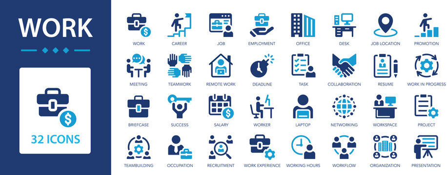 Work flat icons set. Career, office, employment, teamwork, meeting, organization.