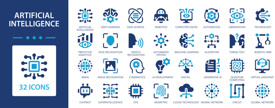 AI icon set. Artificial intelligence, machine learning, brain, robot, generative ai.