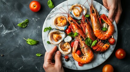 Luxury Seafood Dishes on Marble Plates, Top View, Exquisite Decor and High-Resolution Photography. AI generated illustration