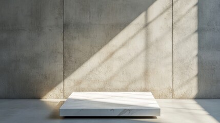 Minimalist Marble Platform in Sunlit Room - Clean, modern, serene, light, shadow.  A simple marble platform bathed in sunlight against a concrete wall.