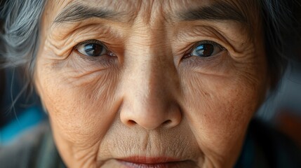 Close-up portrait of an elderly Asian woman's face, showing wrinkles and expressive eyes.
