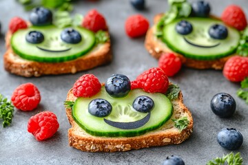 Vibrant Cucumber and Blueberry Toast with Herbs and Adorable Smiley Faces on Grey Background. AI generated illustration.