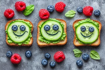 Vibrant Cucumber and Blueberry Toast with Herbs and Adorable Smiley Faces on Grey Background. AI generated illustration.