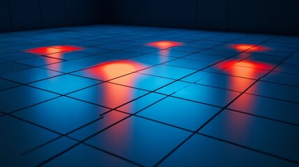 Red and Blue Light Floor Patterns - Abstract image of red and blue light reflections on a tiled floor. Symbolizing technology, energy, mystery, design, and innovation.