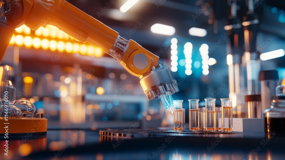 Poster robotic arm precisely handling laboratory glassware - advanced robotic arm in a modern lab, manipula