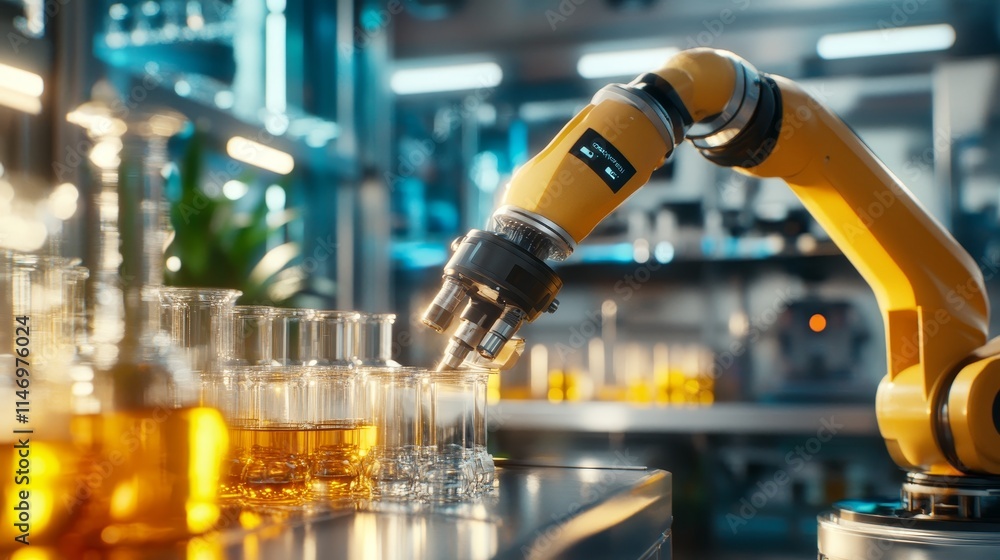 Poster robotic arm handling laboratory glassware - automation in science, robotic precision, laboratory tec