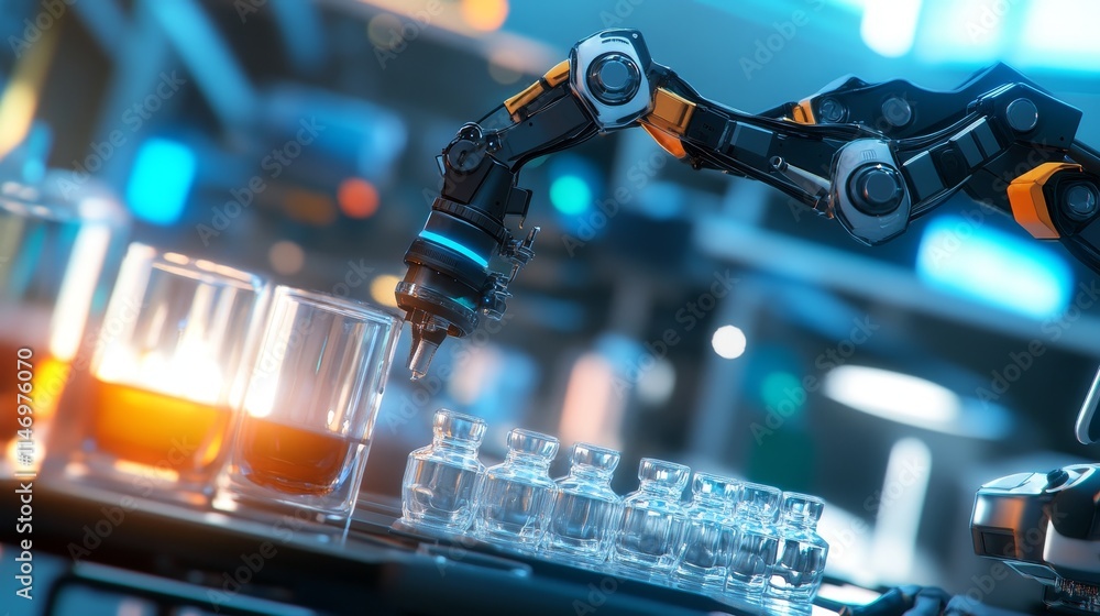 Aufkleber robotic arm handling glassware in lab - automated precision in a futuristic lab. robotic arm, glassw
