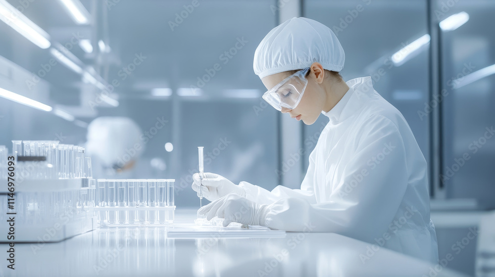 Poster scientist analyzing sample in lab setting - a scientist meticulously examines a sample in a modern l