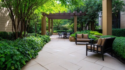 Obraz premium Serene Courtyard Oasis - Tranquil patio, lush greenery, shaded seating, inviting atmosphere, peaceful retreat.