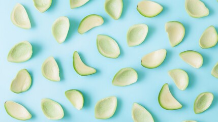 Flat Lay Pattern of Avocado Slices on Blue Background, AI generated illustration.