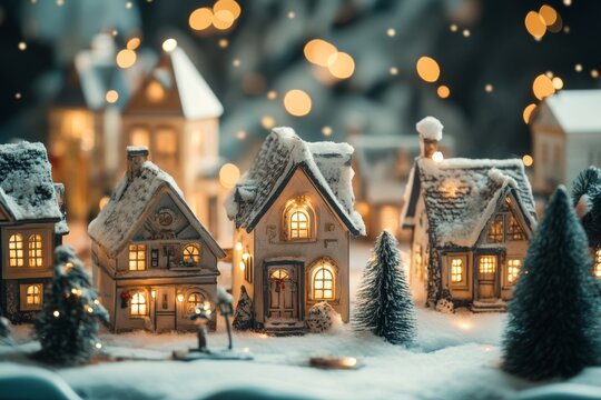 Charming miniature village scene with snow-covered houses and glowing lights, creating a warm and festive winter atmosphere. - Powered by Adobe
