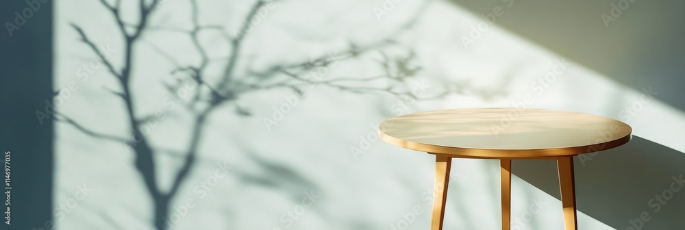 Poster sunlit round table branch shadows - a minimalist scene: sunlit round wooden table, branch shadows on