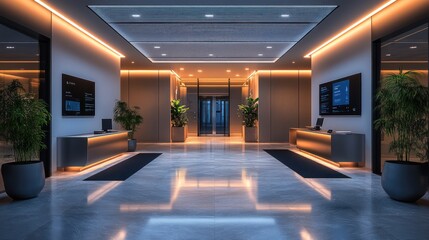 Obraz premium Modern office lobby at night with warm lighting, sleek design, and plants.