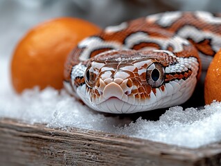Fototapeta premium A close up of a snake in the snow next to two oranges