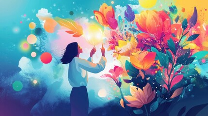 Fototapeta premium Person in a Colorful Setting Focusing on New Goals and Aspirations with Beautiful Flowers and Bright Colors