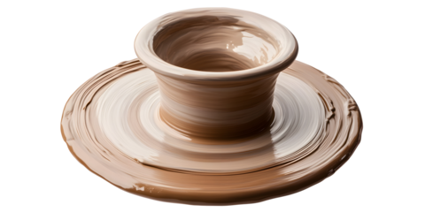 Clay pottery being shaped on a spinning wheel during the crafting process. Early stages of forming a vessel using traditional pottery techniques. Isolated on transparent background, png.