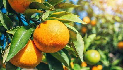 Fresh Oranges with Green Leaves on a Branch Ready for Picking and Consumption