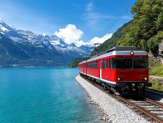 A red train traveling down train tracks next to a body of water
