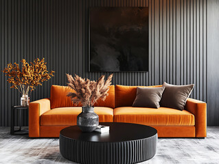 Farmhouse, country style home interior design of modern living room, orange velvet sofa, dark grey walls with vertical slats, round black coffee table,