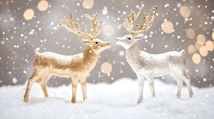 Obraz premium Two elegant gold and silver reindeer figurines stand in the snow, facing each other against a bokeh background of falling snow and warm lights. A perfect Christmas or winter scene.