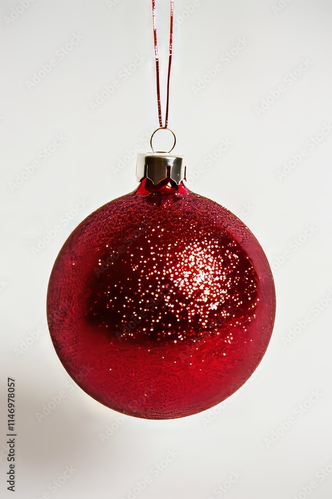 Poster a red ornament with glitter on it. it is hanging from a string