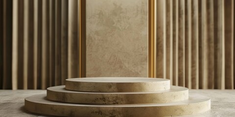 A sophisticated beige pedestal with a gold frame, perfect for showcasing products or art in a luxurious interior environment.