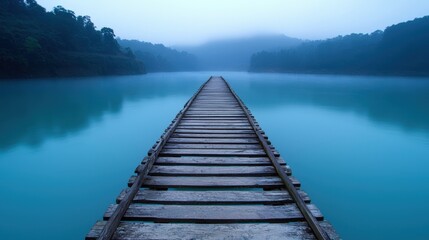 Fototapeta premium Serene ambiance and relaxing spiritual, A serene wooden pier stretches into a misty lake, surrounded by lush greenery and calm waters, creating a tranquil and picturesque scene.