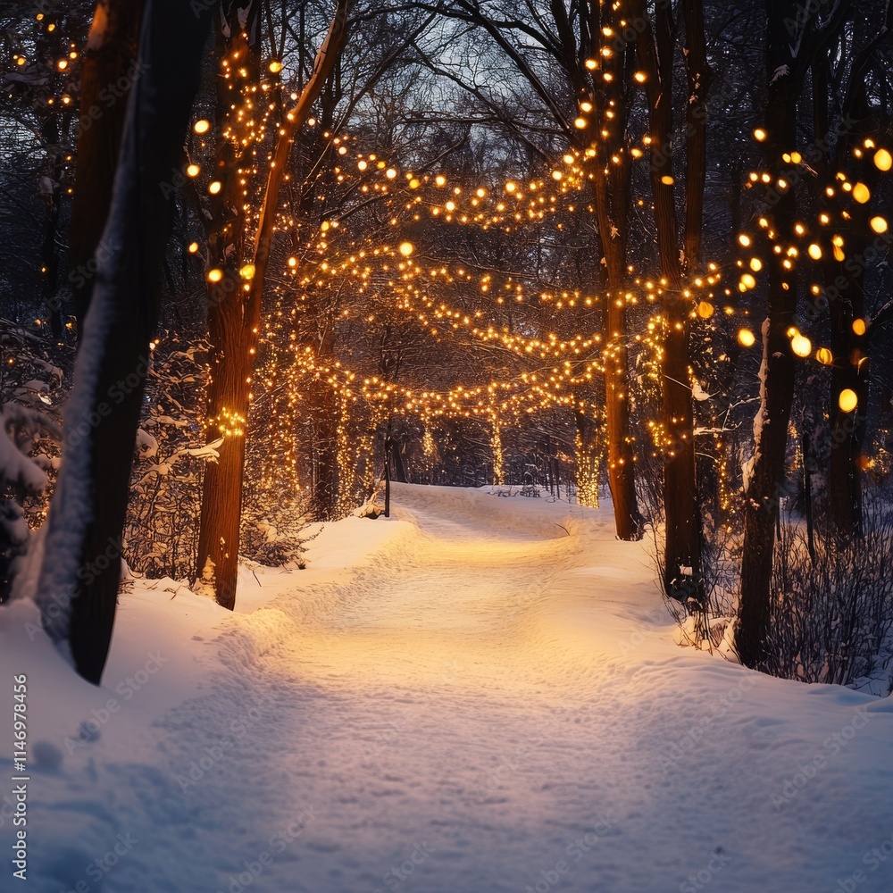 Poster a magical winter scene with a snow-covered path adorned with glowing string lights, creating a warm 