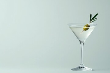 Martini cocktail glass with green olive and garnish on light green background