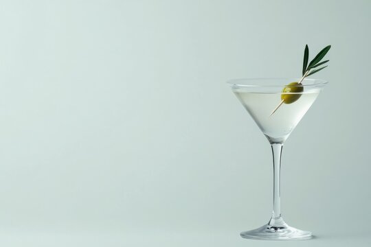 Martini cocktail glass with green olive and garnish on light green background