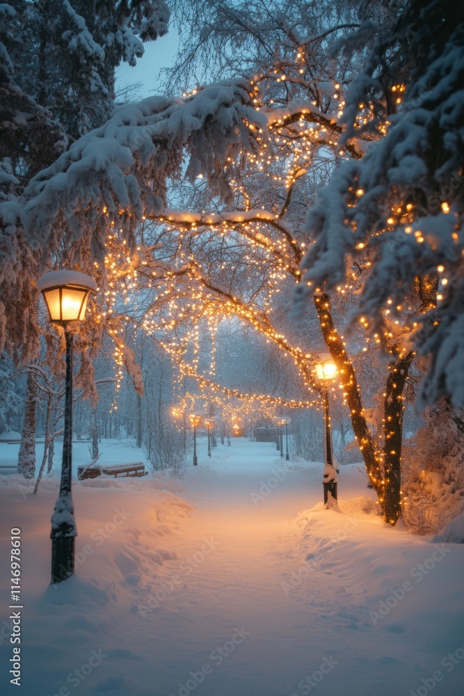 Poster a magical winter scene featuring snow-laden trees adorned with glowing lights, creating a serene and