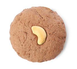 One tasty chocolate cookie with cashew isolated on white, top view