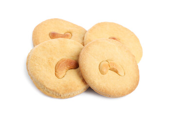 Many tasty cashew cookies isolated on white