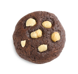 One tasty chocolate cookie with hazelnuts isolated on white, top view