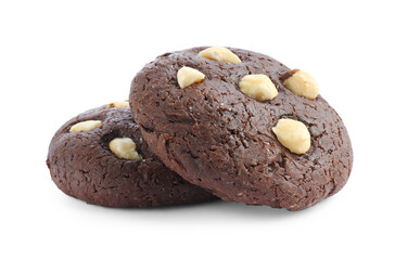 Tasty chocolate cookies with hazelnuts isolated on white