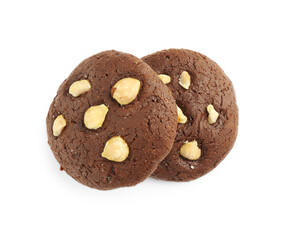 Tasty chocolate cookies with hazelnuts isolated on white, top view