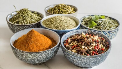 Assortment of Dried Spices in Bowls Ready for Cooking and Culinary Use