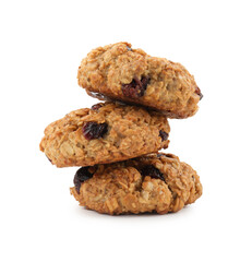 Stack of delicious oatmeal cookies with dried cranberries and nuts isolated on white