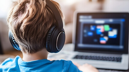 Rear view of a boy wearing headphones, focused on a laptop screen. He appears to be engaged in online learning or entertainment.