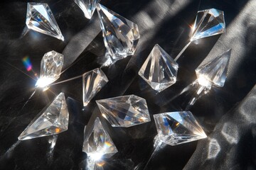 Sparkling crystals scattered on a dark surface, catching the light and creating vibrant rainbows.