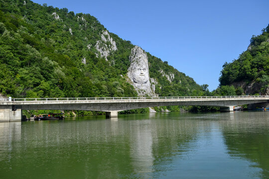 Decebalus Rock Sculpture and Bridge on the Danube River, Romania