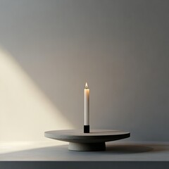 A single candle on a round platform, casting soft shadows in a minimalist interior with neutral tones.
