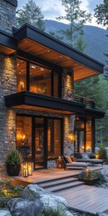 Fototapeta premium Modern mountain home exterior at dusk, illuminated patio, stone and wood design.
