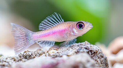 Obraz premium Delicate pink fish swimming near rocks.