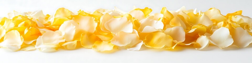 Ultra-detailed pile of yellow and white rose petals on a clean white background, high-res, professional stock image.