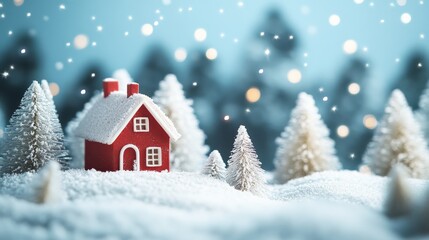 A charming red house surrounded by snow-covered trees and twinkling lights, capturing the essence of a peaceful winter wonderland.