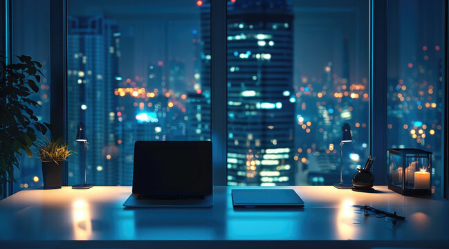 Minimalist penthouse workspace at night with city view and notebook on a sleek and clean white working table. - Powered by Adobe